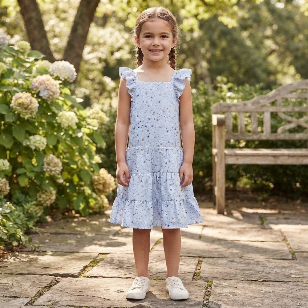 Isobella & Chloe Star Print Dress Girls 6 Light Blue Excellent Ruffle Tiered